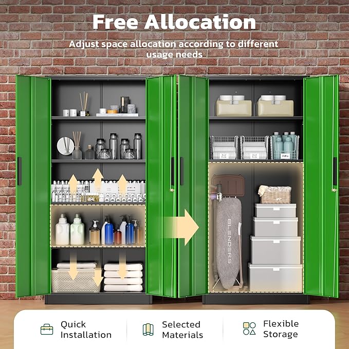 Greenvelly Metal Lockable Storage Cabinet, 72” Storage Cabinet with 2 Doors and 4 Adjustable Shelves for Office, Home, Garage, Pantry (Assembly Required, Black Green)