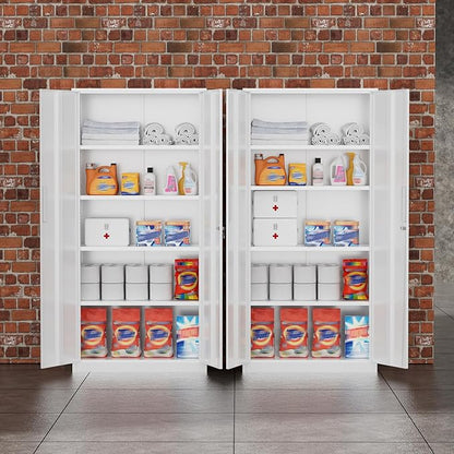Greenvelly Metal Storage Cabinet, 72" Locking Metal Garage Storage Cabinet with Doors and 4 Adjustable Shelves, White Lockable Steel Cabinet for Home Office, Garage, Shop, School (32" W x 16" D)