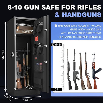Marcree 8-10 Gun Safe for Rifles & Pistols, Quick Access Rifle Safe with Dual Alarm, Mute Mode, Adjustable Shelves & Pistol Pockets, Gun Cabinet for Shotguns