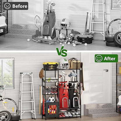 Garage Sports Equipment Organizer, Golf Bag Storage Rack, Organizer for 2 Golf Bag , Indoor/Outdoor Ball Storage Bins for Toy Sports Gear Storage, Ideal for Home, Garage, Club, Shed, Basement
