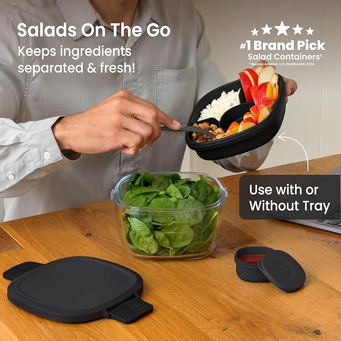 Bentgo Glass Salad Container - 7.6-Cup Salad Bowl with Airtight Lid, Leak-Proof Sauce Container, 4-Compartment Bento Tray & Reusable Fork - BPA-Free for Meal Prep, Office & More (Black Onyx)