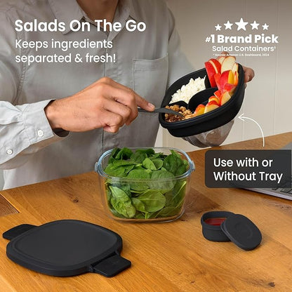 Bentgo Glass Salad Container - 7.6-Cup Salad Bowl with Airtight Lid, Leak-Proof Sauce Container, 4-Compartment Bento Tray & Reusable Fork - BPA-Free for Meal Prep, Office & More (Black Onyx)