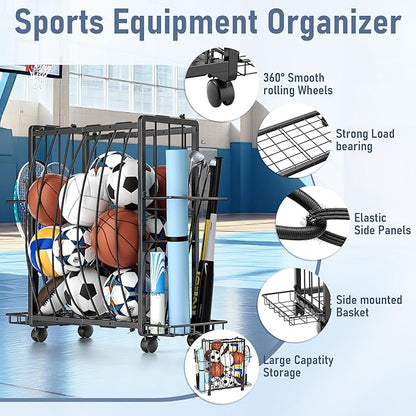 Sports Equipment Garage Organizer,Garage Ball Storage Rack for Sports with Wheels-Upgraded Sports Organizer Rack Outdoor Basketball Racks for Balls with Holder and Hooks (Deep Black)