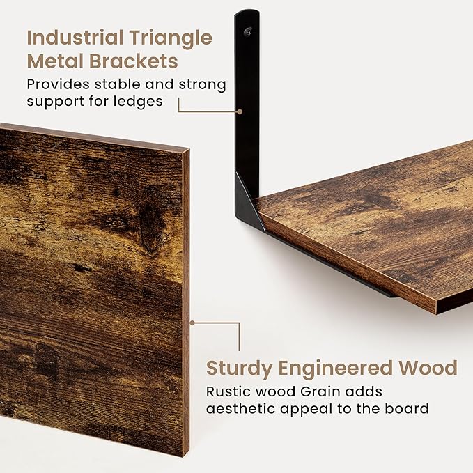 Fun Memories Rustic Brown 12 Inch Deep Floating Shelves Set of 2, Wall Mounted Shelf with Metal Brackets, Rustic Wood Wall Shelf for Bathroom, Kitchen and Living Room, Rustic Brown, 32W x 12D