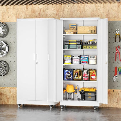 INTERGREAT Metal Storage Cabinet with Wheels, 73" Rolling Storage Cabinets with Door and 4 Shelves, Tall Storage Cabinets Locker on Caster for Home, Office(White)