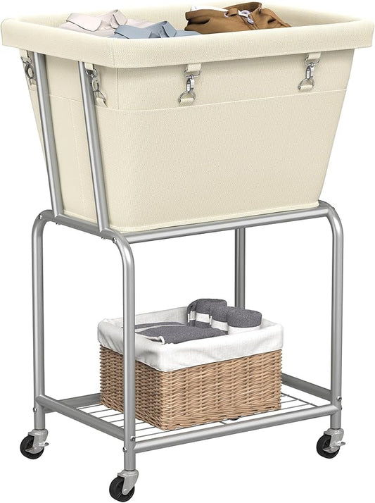 ELYKEN Rolling Laundry Hamper with Wheels, Laundry Cart with Removable Bag, Heavy Duty Metal Frame, 2-Tier Clothes Basket Hamper with Shelf for Closet, Bedroom, Bathroom, Laundry Room, Cream