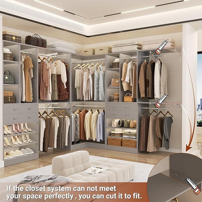Large Closet System with Corner(3 Sets), 91.5" * 91.5"/31.5" * 151" Closet Organizer System with 4 Drawers and 8 Hanging Robs, Reversible Walk-in Closet System with Heavy Duty Shelving, Morandi Grey