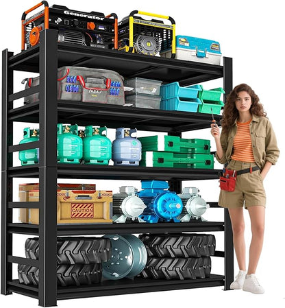 72" H Metal Garage Shelving Unit, 5-Tier Heavy Duty Storage Shelves with Fences, 3000 lbs Capacity, Adjustable, Industrial Steel Utility Shelf for Garage, Workshop, Basement, 35" Wx16" D, Black