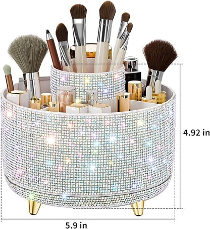 Bling Diamond Makeup Brush Holder, 360° Rotating Makeup Organizer, 5 Slot Make up Brushes Cup for Countertop, Storage for Cosmetics Pen Eyeliner Skincare on the Vanity ((Diamond white AB)