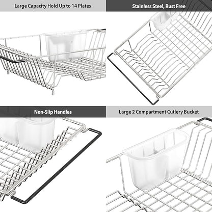 Simple Houseware Large Over Sink Counter Top Stainless Steel Dish Drainer Drying Rack with Utensil Holder, Chrome