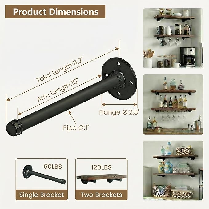 Industrial Black Iron Pipe Shelf Brackets 10 Inch Wall Mount DIY Shelving Brackets Pipe Decor Wall Rustic Clothing Rack 6 Pack, Hardware Included