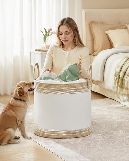 SONGMICS Laundry Hamper, Cotton Rope Laundry Basket with Handles, for Clothing, Living Room, Bedroom, 23.8 Gallons, 19.7 x 19.7 x 18.1 Inches, Cloud White and Camel Brown URLH090K01