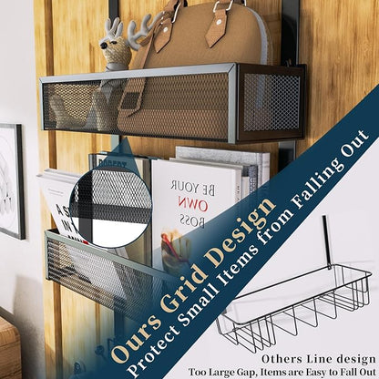 Consumest Over The Door Hooks Organizer - Extra Long Door Hanger with 9 Coat Hooks & 2 Mesh Basket, Back Storage Organizer Hanging Towels for Bathroom, Bedroom, Black (for 1.76 in Doors)