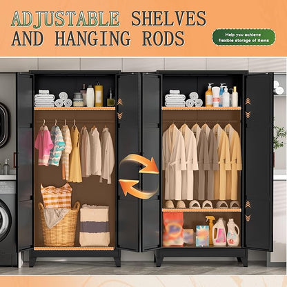Bonusall 71" Metal Wardrobe,Steel Wardrobe Closet with Hanging Rod & Adjustable Shelves,Metal Storage Cabinet with 2 doors, Decorative Metal Closet with Handles for Bedroom,Home Office Entryway, Black
