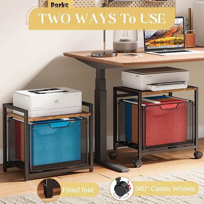 JKsmart Printer Stand with Sliding Drawer, Under Desk File Cabinet with Caster Wheels,Rolling File Cart, 2 Tier Industrial Storage Shelf, Sofa Side Table Organizer for Home, Office, Brown
