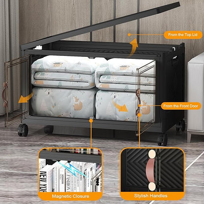 Extra Large Stackable Storage Bins with Lids & Wheels & Door,Foldable Collapsible Closet Organizers, Plastic containers drawers for bedroom Dorm (Dark-160qt, 1Pack with 1 top lid)