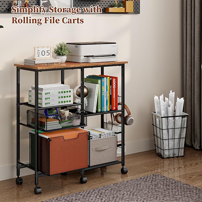 Rolling File Cart with Wheels,Lateral File Cabinet with 2pcs Drawers,Rolling Printer Stand Cart with Open Storage Shelf,Hanging Filing Cabinet Organizer Cart Fits Letter Size for Home Office