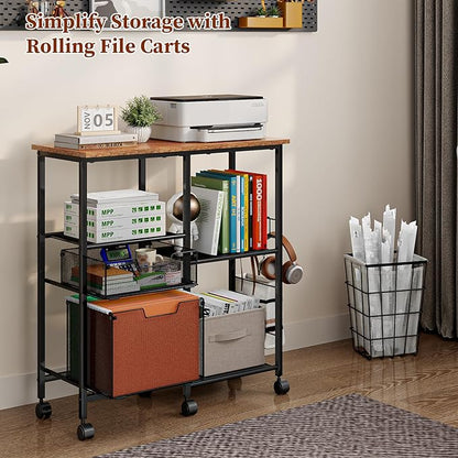 Rolling File Cart with Wheels,Lateral File Cabinet with 2pcs Drawers,Rolling Printer Stand Cart with Open Storage Shelf,Hanging Filing Cabinet Organizer Cart Fits Letter Size for Home Office