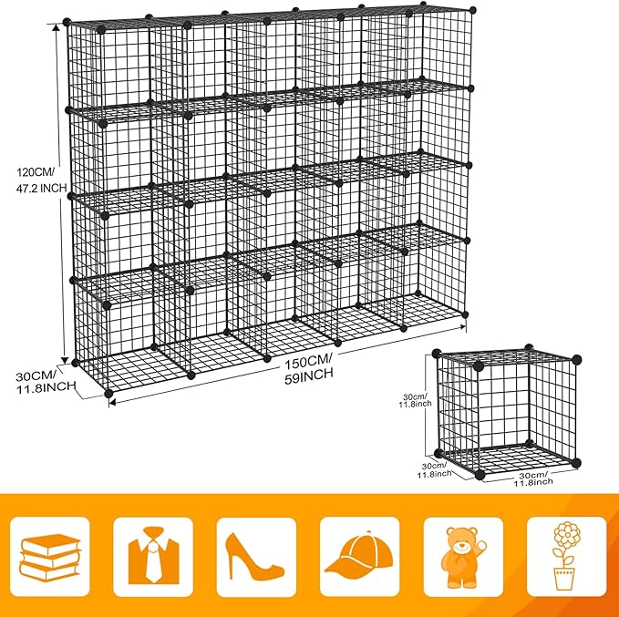 HUBSON Wire Cube Storage Organizer, Book/Toy/Craft/Potted Plants and petCloset Organizers and Storage Shelves, 20-Cube Freely Combinable Metal Grids Storage Shelf,Black Iron