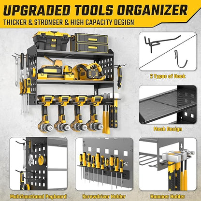 Power Tool Organizer, Heavy Duty Wall Mount Tool Organizer 3 Layers with 4 Drill Holders, Garage Tools Storage Rack with 2 Side Pegboards and Hooks for Workshop, Shed, Black