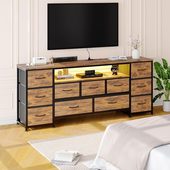11 Drawer Dresser for with Power Outlets and LED Lights, 63 Inch TV Stand for 65, 70 Inch TV, Entertainment Center with Storage, Wide Chest of Drawers with Open Shelves for Living Room, Bedroom