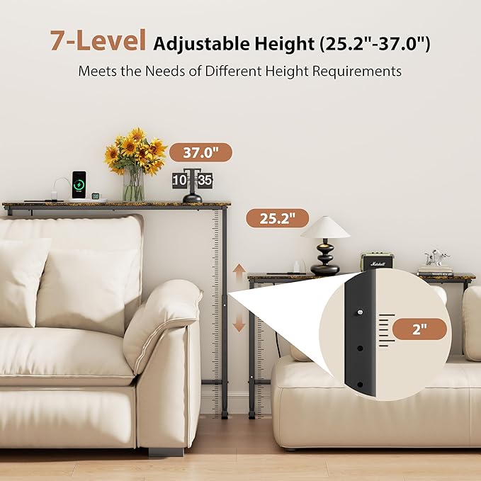 GRLEAF 45" Adjustable Height Narrow Console Table with Power Outlets, Long Sofa Table with Charging Station Behind Couch Table Skinny Entryway Table for Living Room, Hallway and Office – Rustic Brown