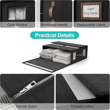 6 Pack Foldable Bed Sheets Set Organizers and Storage(Cal King Size),Linen Fabric Closet Organizers with Window,Folding Bedding Storage Box for Bedsheets and Pillow Cube Organizer-Black