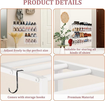 2 Pack Expandable Wall Mounted Shoe Rack, 17"-31" Adjustable Hanging Shoe Rack Holds 16 Pairs, Heavy Duty Metal Shoe Holder with 4 Storage Hooks, Space Saving for Entryway Closet Doorway（White
