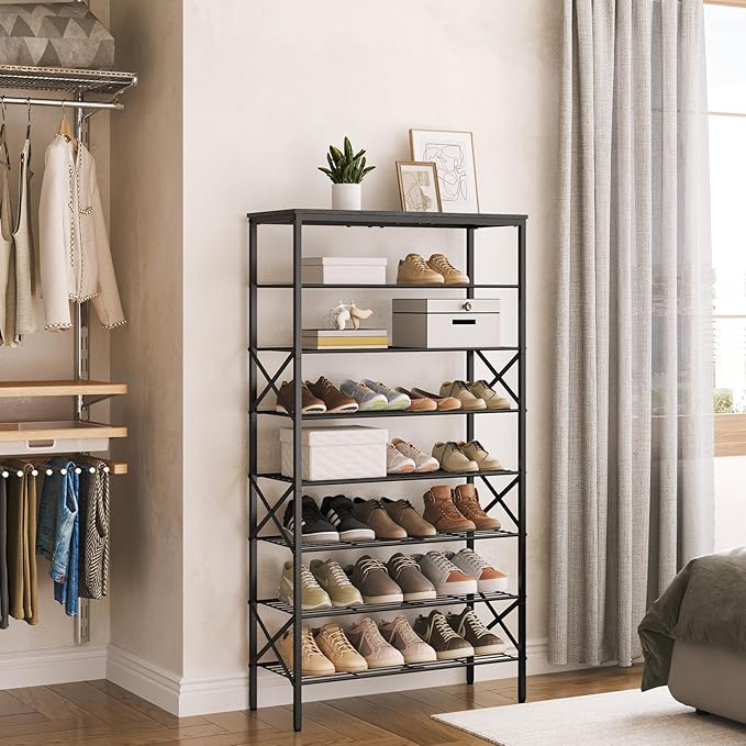 8 Tier Shoe Rack, Large Capacity Shoe Storage Organizer Holds 32 Pairs, Sturdy and Stable, for Entryway, Hallway, Closet, Dorm Room, Charcoal and Black SS08BC