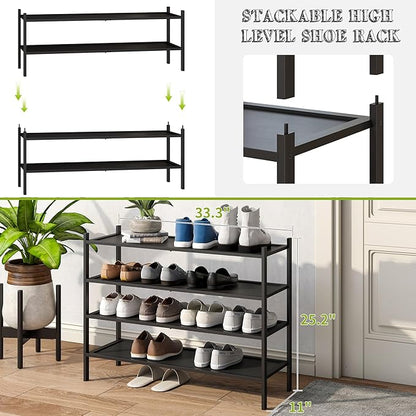 BMOSU 4-Tier Bamboo Extended Shoe Rack Premium Stackable Shoe Shelf Storage Organizer for Hallway Closet Living Room Entryway Organizer(Black)