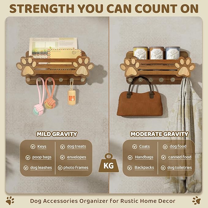 MTERSN Acacia Wood Dog Leash Holder for Wall – Cute Dog Paw Key Holder Wall Mount with Floating Shelf and 6 Hooks, Rustic Mail Organizer for Dog Accessories & Home Decor(Acacia Wood)