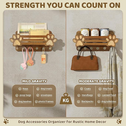 MTERSN Acacia Wood Dog Leash Holder for Wall – Cute Dog Paw Key Holder Wall Mount with Floating Shelf and 6 Hooks, Rustic Mail Organizer for Dog Accessories & Home Decor(Acacia Wood)