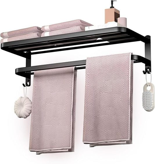 DDS-DUDES 23 Inch Bathroom Towel Rack Towel Shelf with Double Towel Bars Lavatory Wall Mount Holder with Hooks Stainless Steel Hotel Bath Rack (Matte Black)