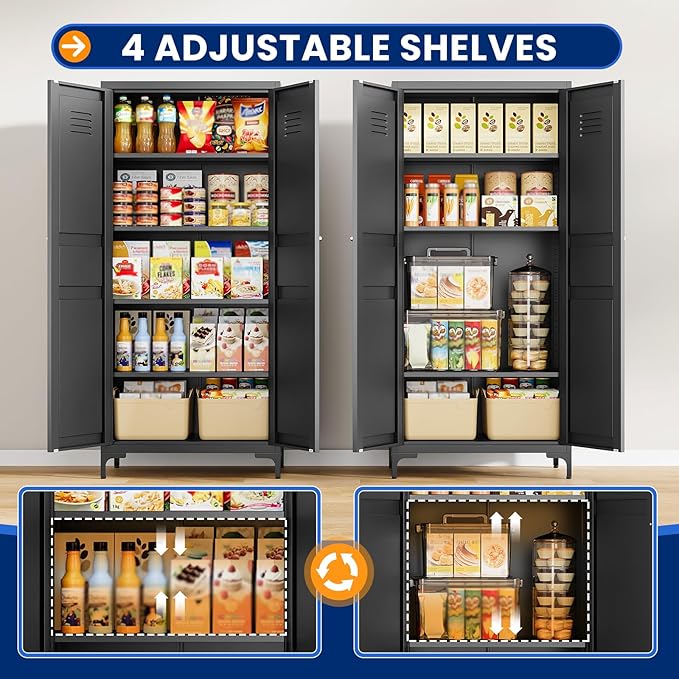 MIIIKO Storage Cabinet with Doors, Metal Pantry Cabinet, Tall Kitchen Storage Cupboard with 4 Shelves, Freestanding Cabinet for Laundry Room, Garage and Bathroom