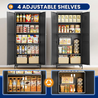 MIIIKO Storage Cabinet with Doors, Metal Pantry Cabinet, Tall Kitchen Storage Cupboard with 4 Shelves, Freestanding Cabinet for Laundry Room, Garage and Bathroom