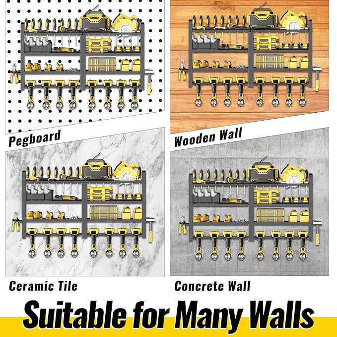 Power Tool Organizer Wall Mount, 4 Layer Heavy Duty Metal Power Tool Storage Rack, 8 Drill Holders Wall Mount, Utility Racks Cordless Tool Storage Rack for Garage Workshop