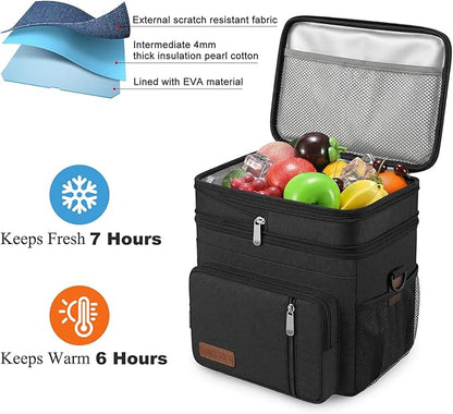 MIYCOO Lunch Bag & Lunch Box for Men Women, Double Deck Leakproof Insulated Soft Large Adult Camping Cooler bag for Work, Beach, Picnic, Travel (Black, 15L)