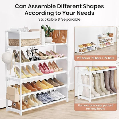 Shoe Rack for Closet Shoe Organizer Space Saver Storage for 20-25 Pair Shoe Shelf with Hook and Side Pocket Free Standing 5 Tier Shoe Rack Organizer for Entryway,Small Spaces, White