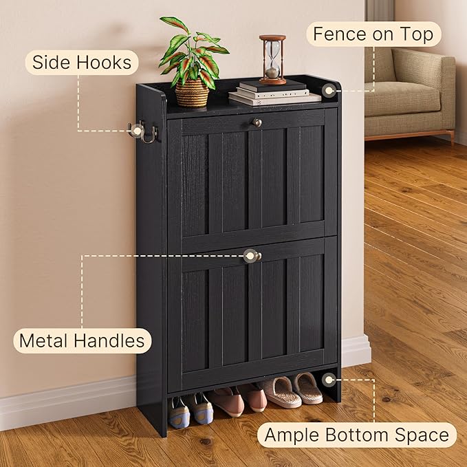 Gizoon Shoe Cabinet with Open Storage, Shoe Storage Cabinet for Entryway, Freestanding Narrow Rack with 2 Flip Drawers, Space-Saving, for Hallway, Black