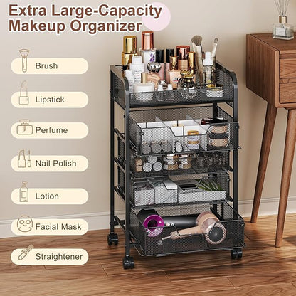 Makeup Cart Organizer with 4 Drawers, Vanity Storage Organizer, Large Floor Skincare Organizers Cosmetics Display Cases for Skin Care Perfume Nail Polish, Black