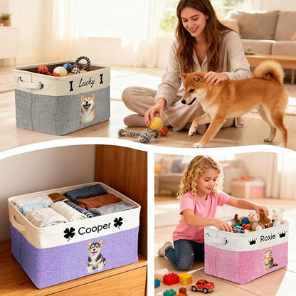 Personalized Dog Toy Basket with Name Photo Custom Dog Food Storage Bins Collapsible Organizer for Toys Dolls Clothing-Brown