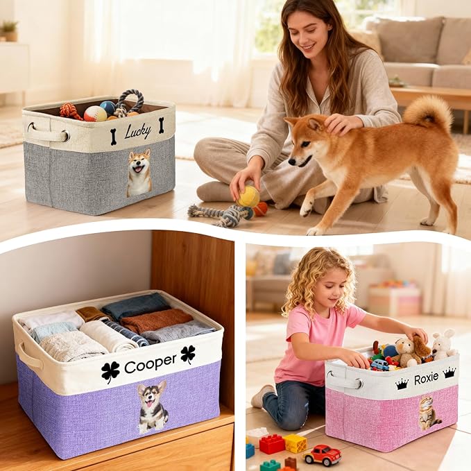 Personalized Dog Toy Basket with Name Photo Custom Dog Food Storage Bins Collapsible Organizer for Toys Dolls Clothing-Pink