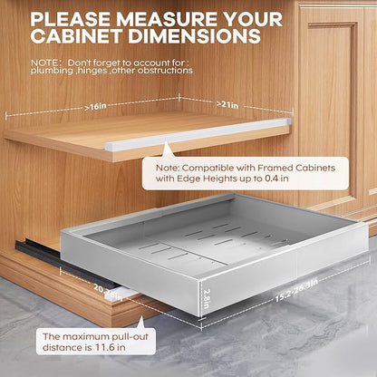 2 Pack Expandable Width (15.15"-26.3") Pull Out Cabinet Organizer 21" Deep with Raising Pad for Framed Cabinets, Upgrade 3 Slide Rails Slide Out Drawers, Roll Out Shelves Adhesive, Silver