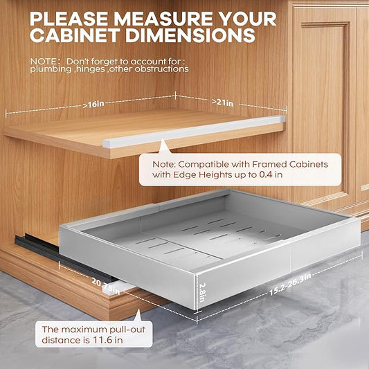 2 Pack Expandable Width (15.15"-26.3") Pull Out Cabinet Organizer 21" Deep with Raising Pad for Framed Cabinets, Upgrade 3 Slide Rails Slide Out Drawers, Roll Out Shelves Adhesive, Silver