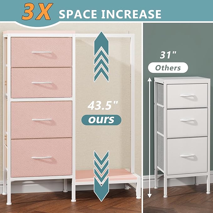 Dresser with Hanging Rack, 4 Drawers Small Closet for Bedroom, Reversible Fabric Kids Chest of Drawers with Clothes Rack, Tall Storage Tower, Sturdy Frame, Pink, 44''H