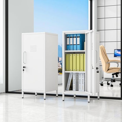 35.43" Metal Storage Locker with Lockable, Metal Steel Locker for Employees with 1 Door ＆ 2 Adjustable Shelves, Small Locker Storage Cabinets for Home, School, Office, Gym (White)