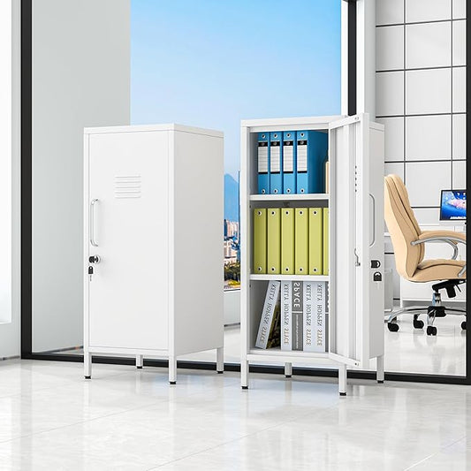 35.43" Metal Storage Locker with Lockable, Metal Steel Locker for Employees with 1 Door ＆ 2 Adjustable Shelves, Small Locker Storage Cabinets for Home, School, Office, Gym (White)