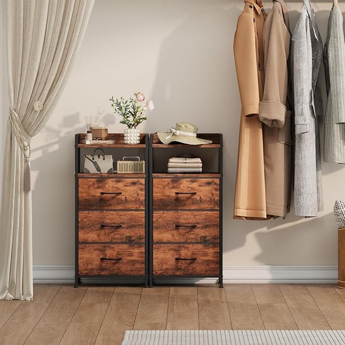 Somdot Nightstand with 3 Drawers, Dresser with Fabric Bins for Bedroom, Hallway, Entryway, Nightstand Bedside Table Furniture, Sturdy Steel Frame, Wooden Top, Easy Pull Fabric Bins, Wood Grain Print