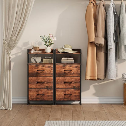 Somdot Nightstand with 3 Drawers, Dresser with Fabric Bins for Bedroom, Hallway, Entryway, Nightstand Bedside Table Furniture, Sturdy Steel Frame, Wooden Top, Easy Pull Fabric Bins, Wood Grain Print