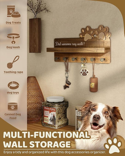 MTERSN Farmhouse Dog Leash Holder for Wall - Decorative Key Hooks Wall Mount with Paw Shape and 6 Unique 3D Hooks - Dog Lover for Home Decor (Acacia Wood)